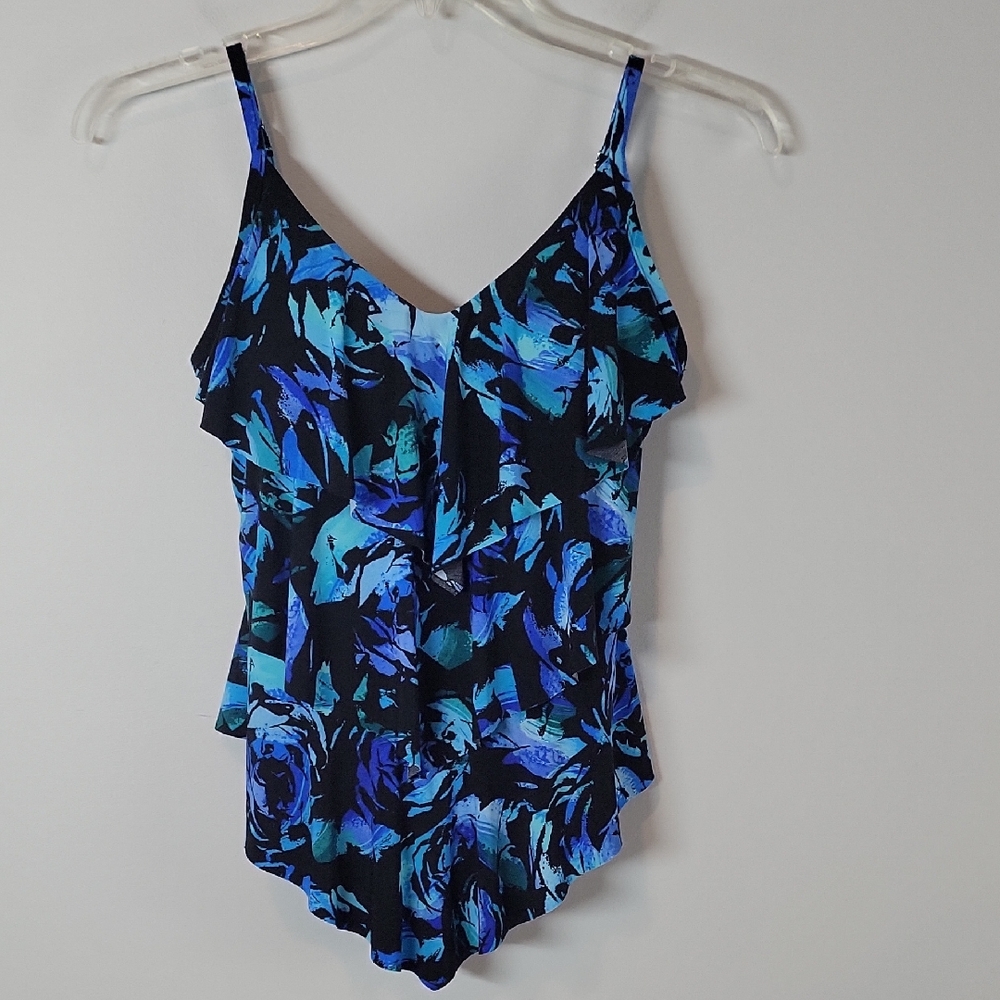 Magicsuit Blue & Black Floral tiered ruffle tankini swimsuit top size 8 6016744